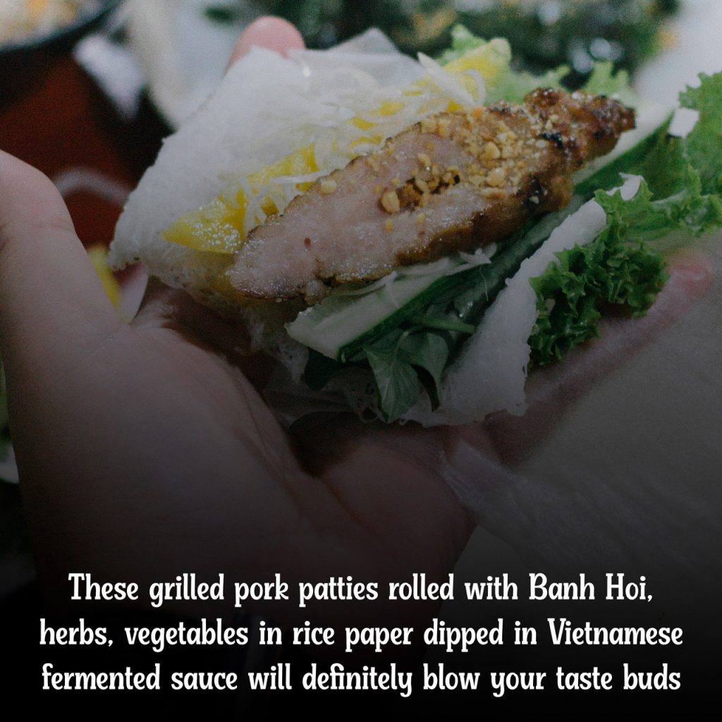 Grilled pork patties rolled with Banh hoi