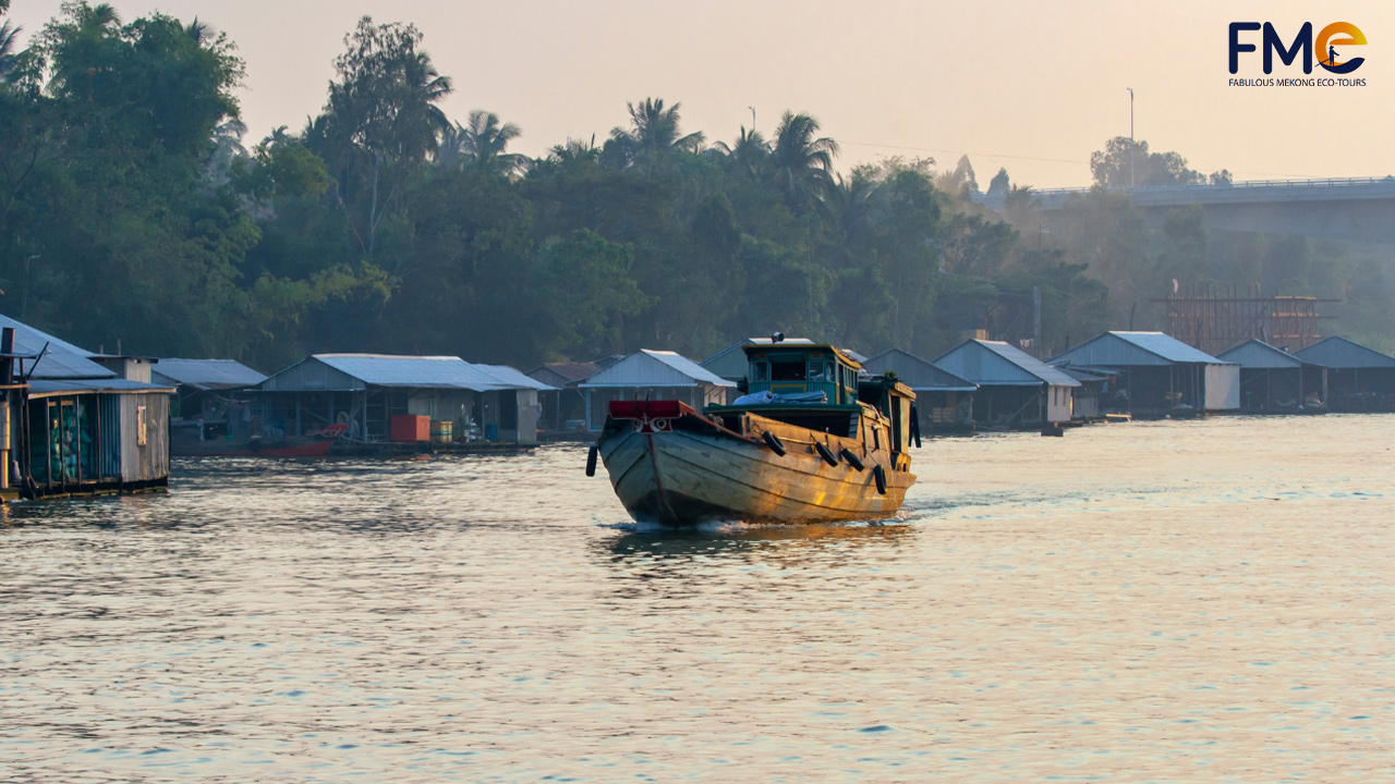 A large boat in the middle of floating fish farm