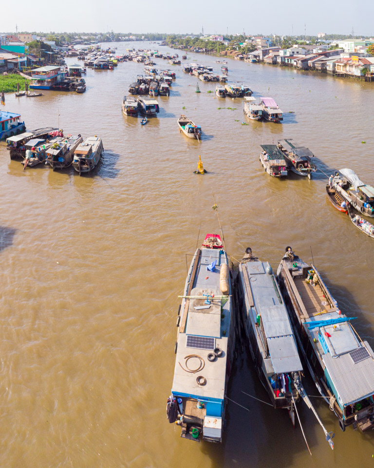 Aerial view Cai Rang Floating market sunrise boats