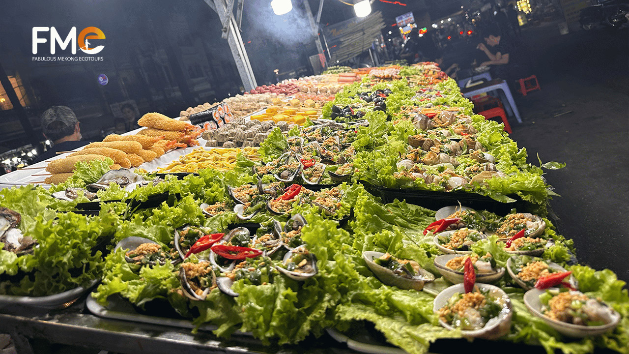 Street fast food and sea food stall in Can Tho Ninh Kieu wharf