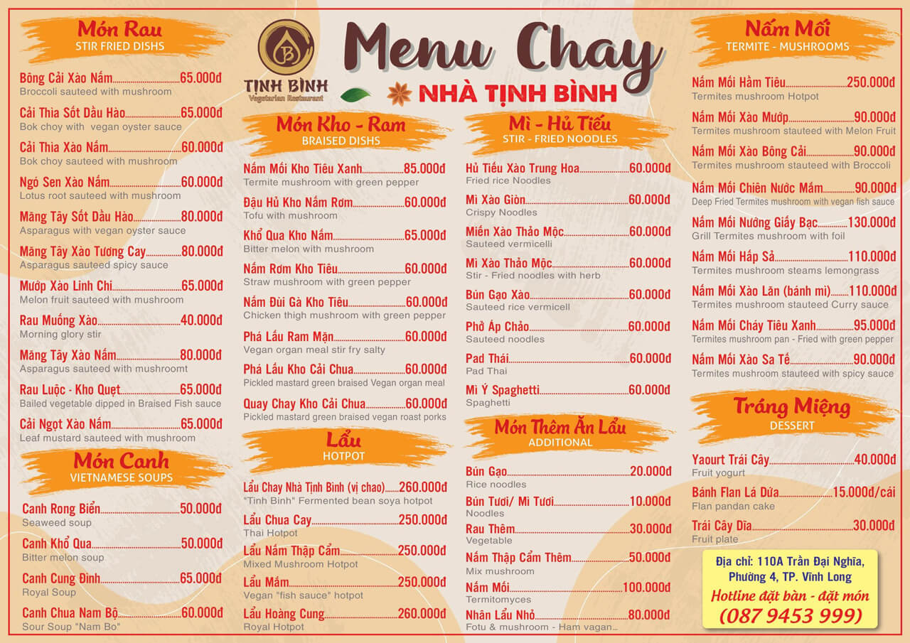 Back menu of Tinh Binh restaurant in Vinh Long