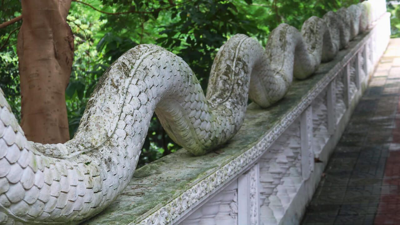 Naga, the snake god, inlaid on the steps of Khmer Kal Bo Pruk Pagoda in An Giang
