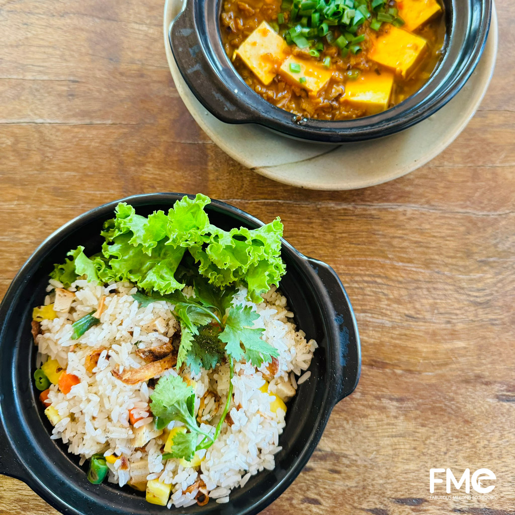 Pineapple fried rice and tofu dish at Mai Hien vegetarian restaurant in Can Tho