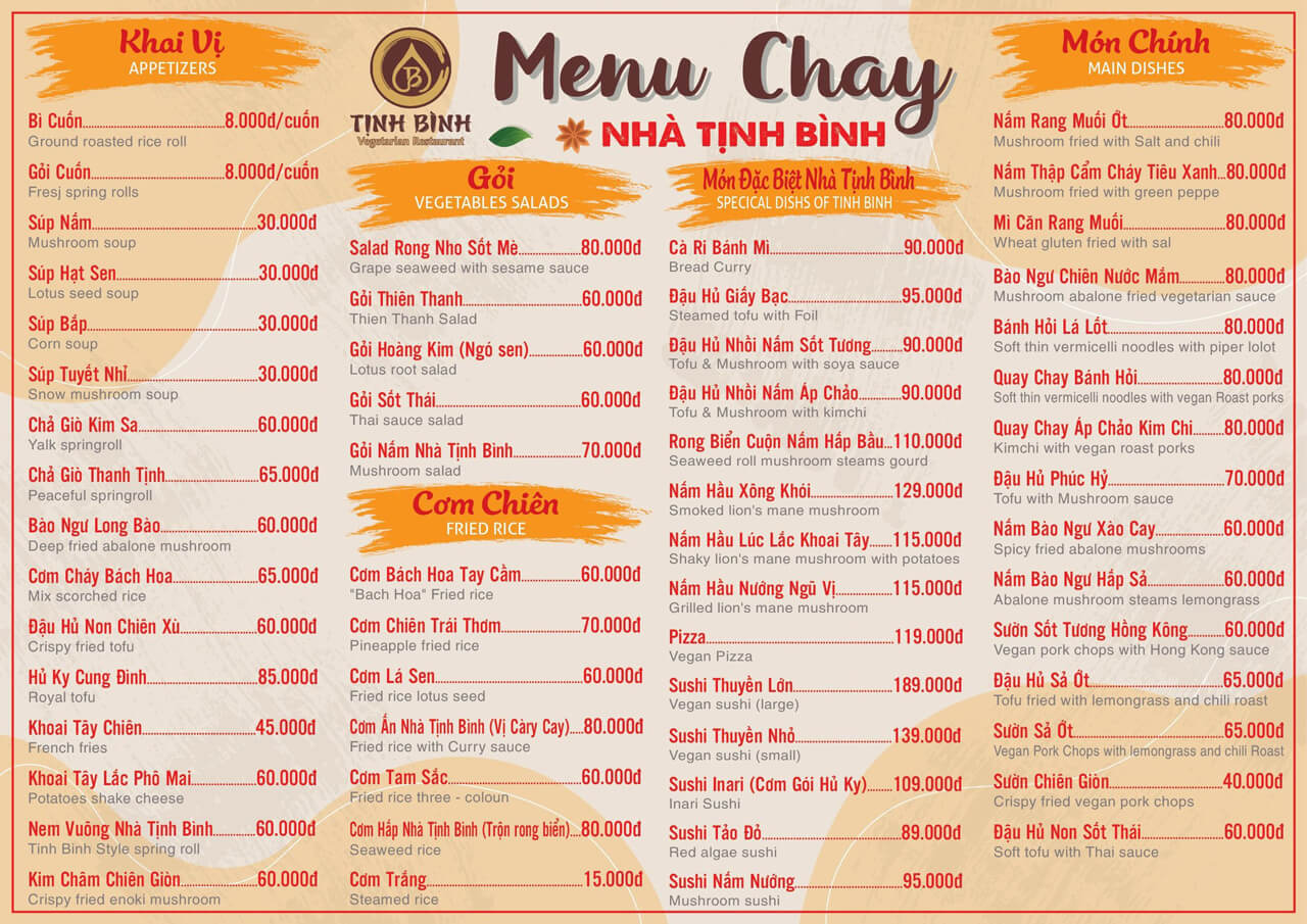 Front menu of Tinh Binh restaurant in Vinh Long