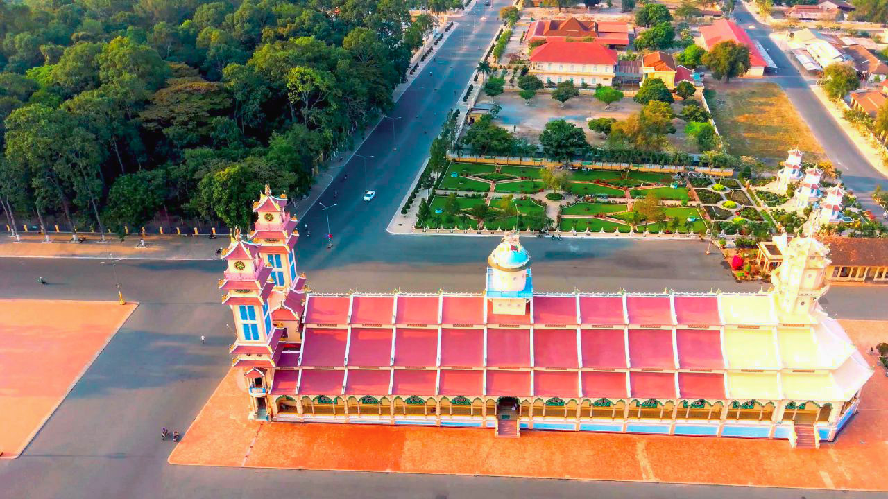 Beautiful Aerial View of Cao Dai Temple in Tay Ninh, Vietnam