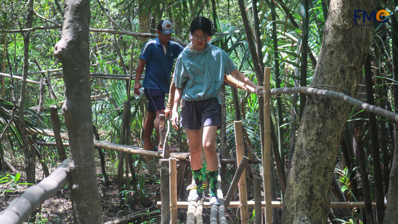 Travelers walking on a rustic bamboo bridge deep within the mangrove forest at Dung Islet