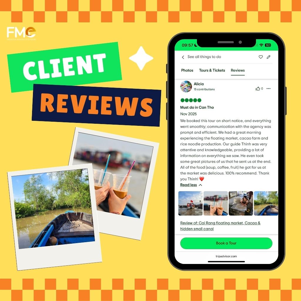 Customer review of FME Travel Cai Rang floating market tour in Can Tho on Tripadvisor with cacao farm and canal experience.