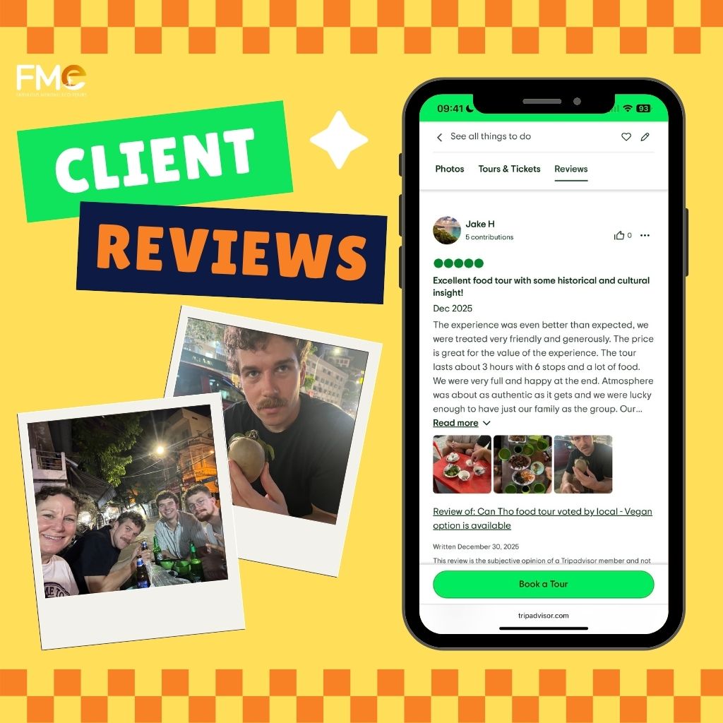 Customer review of FME Travel Can Tho food tour on Tripadvisor highlighting authentic local cuisine and cultural experience.