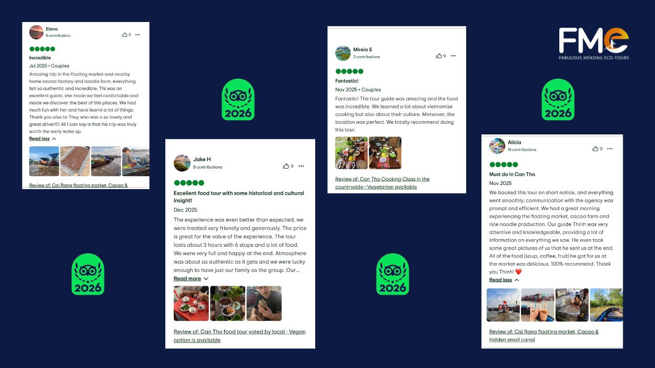A compilation of 5-star reviews from international travelers on TripAdvisor for FME Travel's quality tours in 2026.